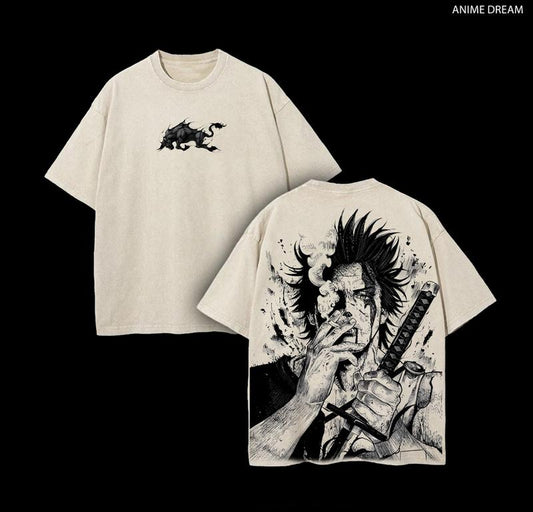 Yami Sukehiro X Black Bulls Black Clover Anime Double Printed Vintage Washed Tee Unisex Oversize Heavyweight Cotton T-Shirt for Anime Fans and Lovers