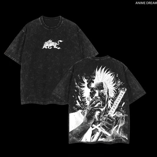 Yami Sukehiro X Black Bulls Black Clover Anime Double Printed Vintage Washed Tee Unisex Oversize Heavyweight Cotton T-Shirt for Anime Fans and Lovers